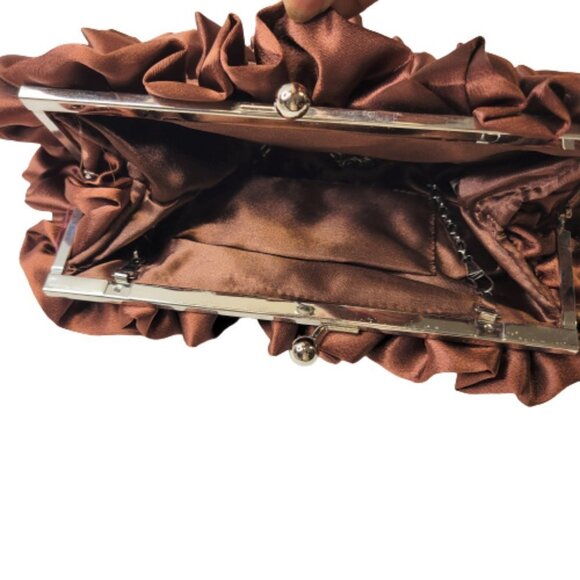 Chocolate Brown Satin Ruffle Evening Clutch Purse - Picture 3 of 8